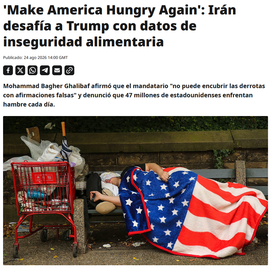 erreteespanol's tweet photo. 🇺🇸❌🍽️ El presidente del Parlamento de Irán, Mohammad Bagher Ghalibaf afirmó que Trump "no puede encubrir las derrotas con afirmaciones falsas" y adjuntó una infografía que denuncia los elevados niveles de hambruna en el país https://t.co/e9nD9REYLK