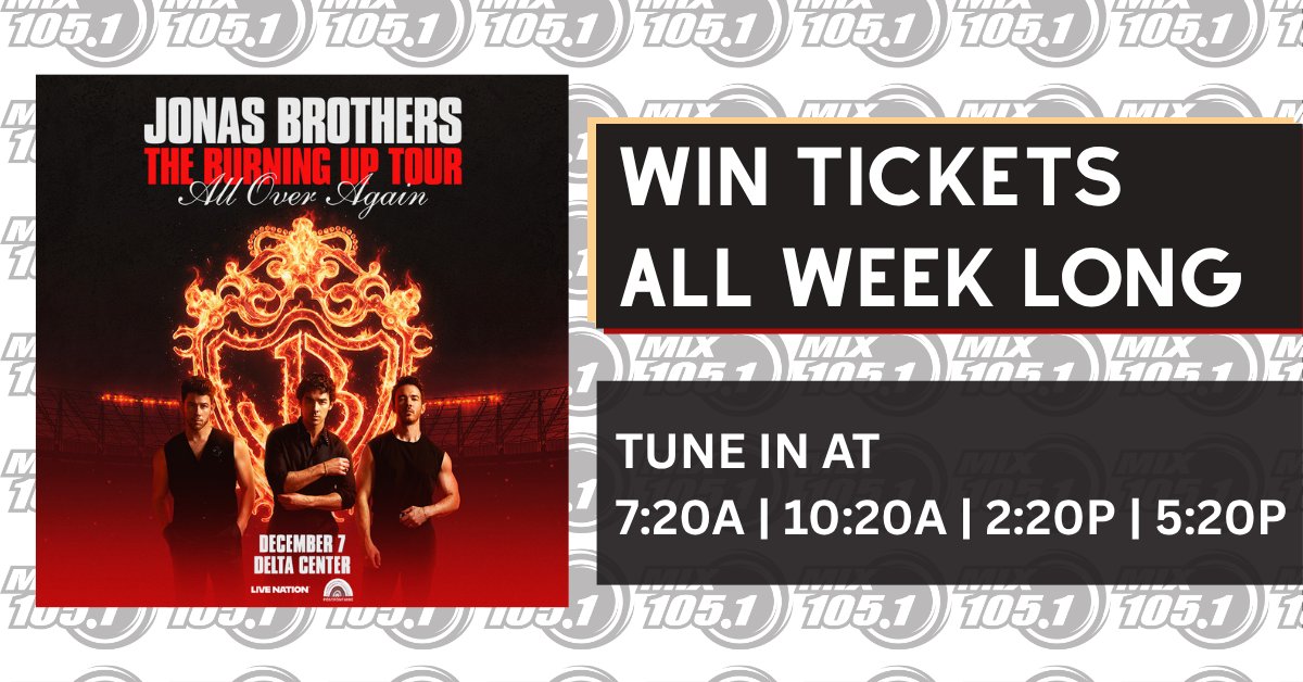 MIX1051Utah's tweet photo. 🎟️ WIN JONAS BROTHERS TICKETS! 🎟️
Want to see the Jonas Brothers LIVE at the Delta Center on December 7?! 🎶🔥
Mix 105.1 has your chance to WIN! 🙌
📻 Tune in at 7:20AM, 10:20AM, 2:20PM &amp; 5:20PM to hear the keyword. When you hear it, enter for your chance to score tickets! 🎤🎟️ https://t.co/1jL4NvhT6D