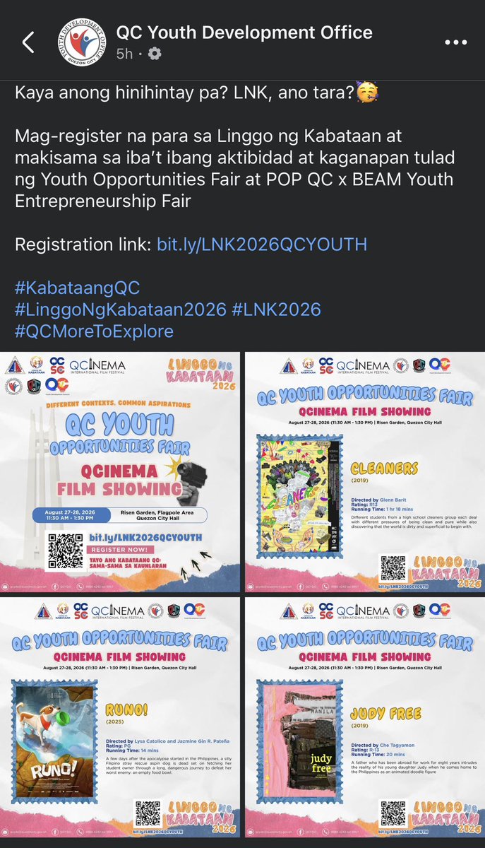pinathbutter's tweet photo. There will be a FREE screening of Cleaners (2019), RUNO! (2025), and Judy Free (2019) on Aug 27-28, 11:30 AM - 1:30 PM! 🍿

Venue: Risen Garden, Quezon City Hall

Registration link: https://t.co/VNGzRtUh2F https://t.co/5UG5bpFWam