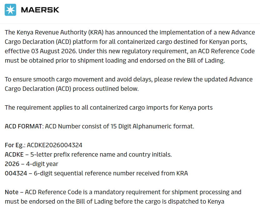 PesaWall's tweet photo. Maersk have shared an update on the logistics market in East Africa:

—In Kenya, higher demand for avocado exports has led to higher demand for reefer equipment, trucking and vessel space.
—Customers are navigating disruptions to the Middle East Network, port congestions and new Advanced Cargo Manifest process from KRA.
—Maersk introduced new emergency freight rate for cargo loaded from or destined to ports in Iraq, UAE, Kuwait, Qatar, Bahrain, Oman and Saudi Arabia.
—Maersk also added a fee for any vessel transiting the Strait of Hormuz on top of the emergency freight rate.