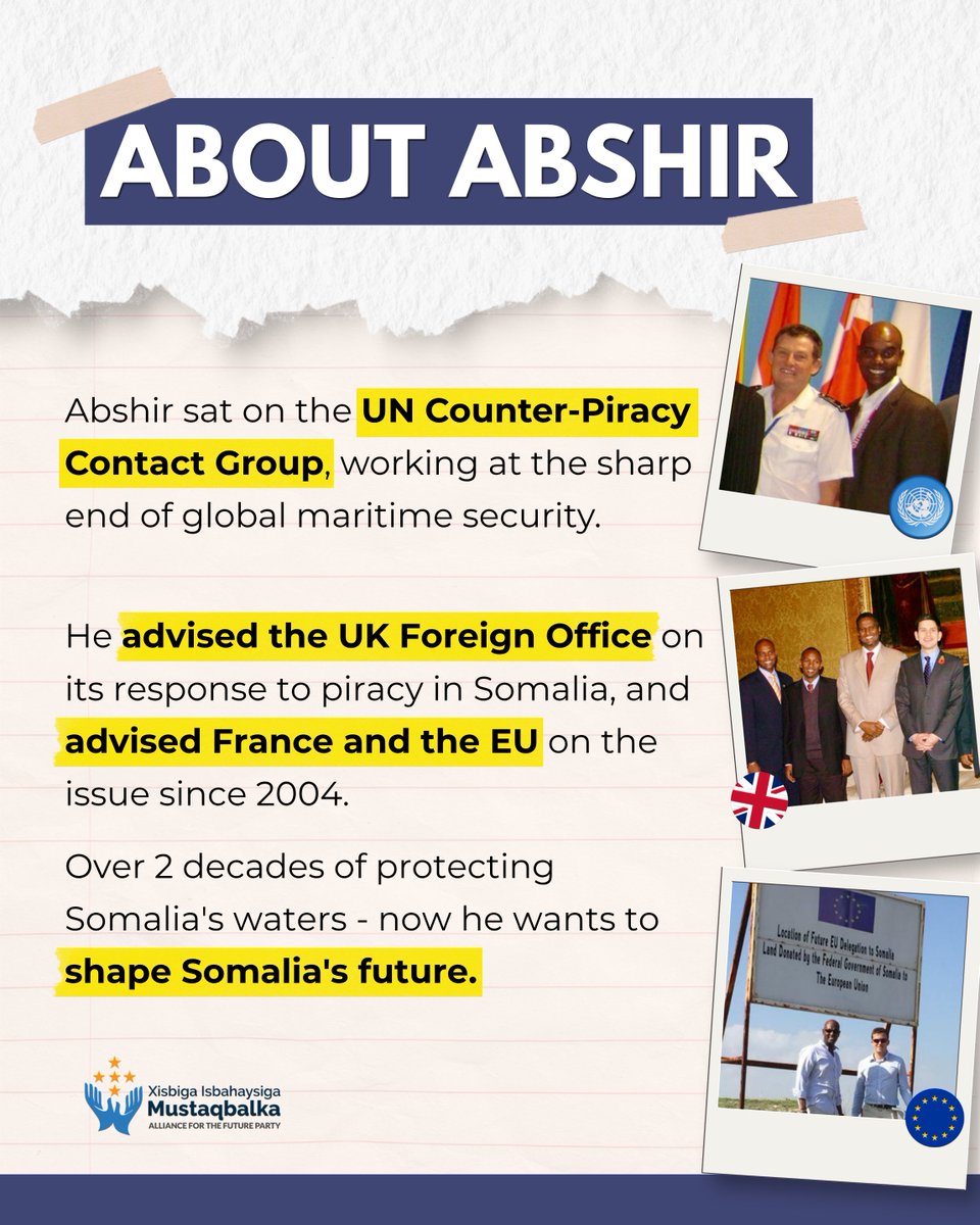AFP_XIM's tweet photo. Abshir sat on the UN Counter-Piracy Contact Group and has advised UK Foreign Office ministers plus the French government and the EU on piracy since 2004. 

Real international experience, not just talk. 

#SecureSomalia #AbshirForSomalia https://t.co/0DLPcwNUyr