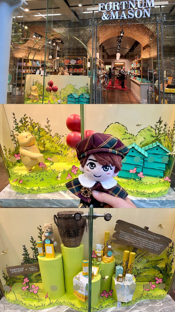 b6ksi's tweet photo. イギリス王室御用達ブランドFortnum &amp; Masonとディズニーがコラボし、プーさん100周年記念コレクションを発売🍯
ロンドンのSt Pancras International店には、かわいいプーさんのウィンドウが登場。駅構内には大きなハチの巣アートも🐝
ウィンドウもハチの巣も可愛くて、駅もとても綺麗だった🥺
#櫻井翔 https://t.co/vK7wz5tQAX