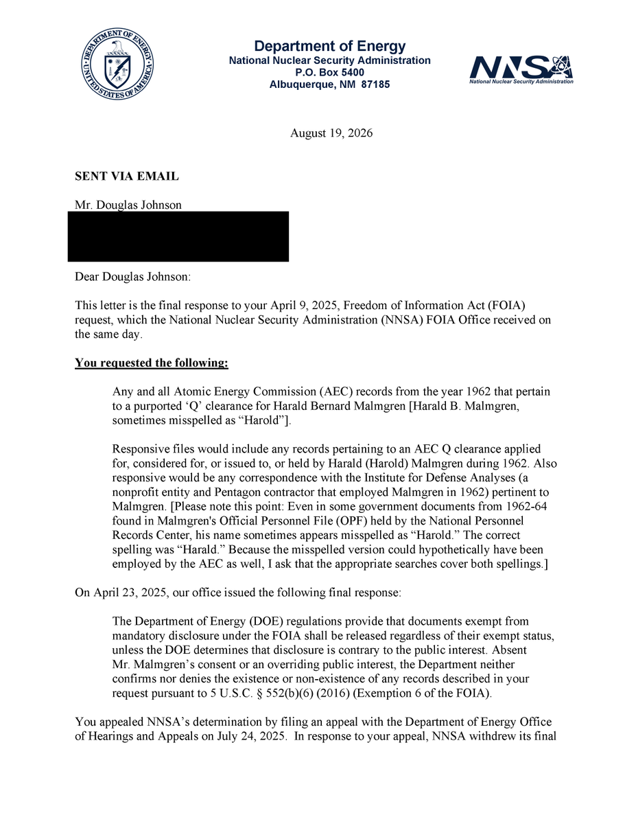 ddeanjohnson's tweet photo. Harald Malmgren's entire tale of holding a Q clearance and being tasked by President Kennedy to investigate an October 1962 UFO knockdown is pure fantasy. Harald Malmgren never held a Q clearance. In the real world, in October 1962 Malmgren was a 27-year-old economist at a 500-person Pentagon-affiliated think tank. Malmgren was never an aide to Kennedy or Secretary McNamara. Nor did Malmgren ever claim such past experience or credentials in sworn federal job applications and professional-experience records that he signed and certified in 1963, 1964, 1967, and 1970. These authenticated documents are all radically inconsistent with Malmgren's 21st century Twitter-YouTube fan fiction. 

For example, the long-classified FBI files that I got declassified in early May, 2025, show that Malmgren filled out, signed and swore to (in 1970 and again in 1971) federal Standard Form 86 (Security Investigation Data for Sensitive Position), on which he was REQUIRED to list his high clearance history; he never claimed to have held a Q clearance (although if he'd had one it would have been an impressive credential, but not consistent with his real jobs, which all dealt with economics). Malmgren's first federal government employment started the last month of the Kennedy Administration (Oct. 29, 1963), as a part-time "international economist (consultant)" in the State Department Bureau of Economic Affairs, on a pay-per-day basis. In October 1964 he began his first full-time federal job as a GS-17 "economic policy advisor" to the White House official responsive for trade negotiations.