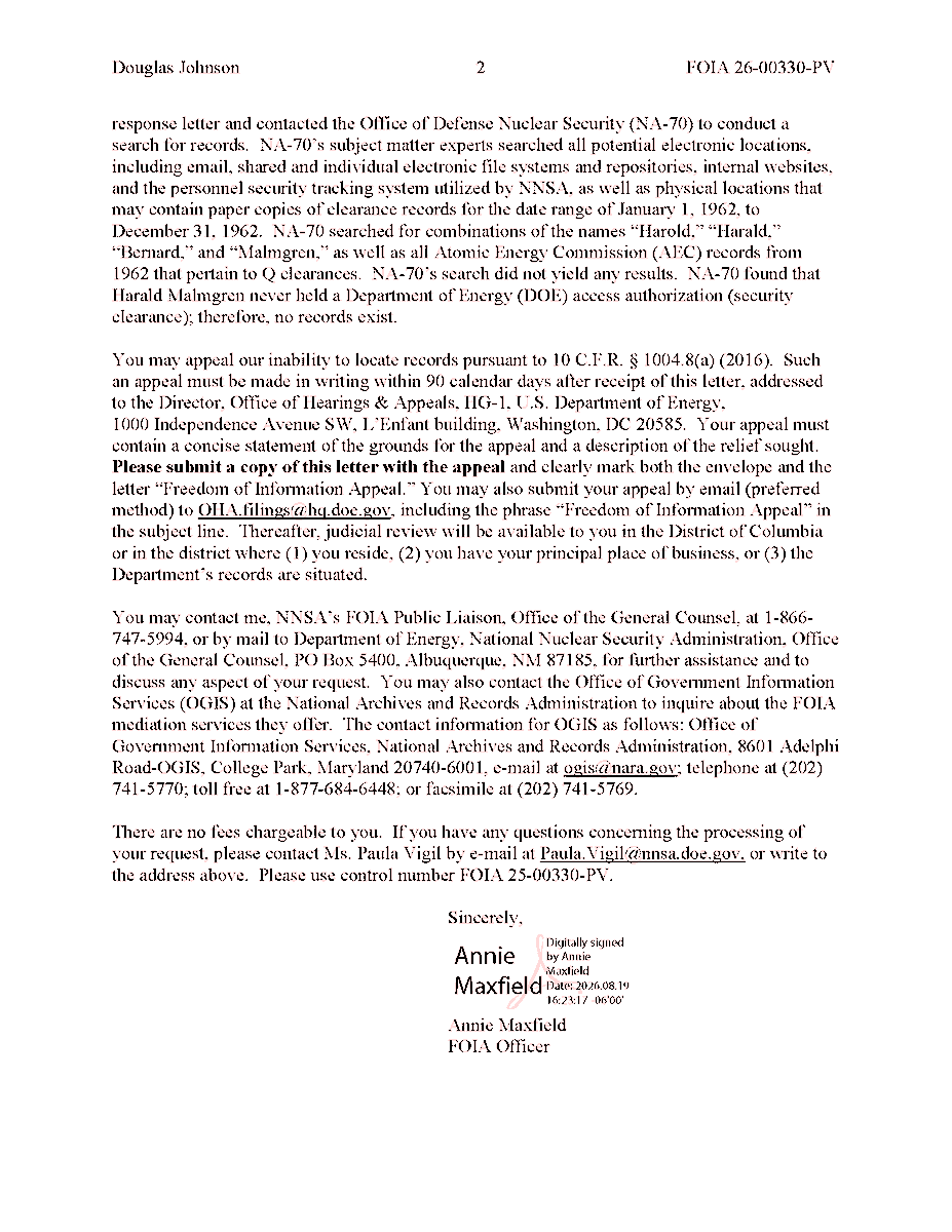 ddeanjohnson's tweet photo. Harald Malmgren's entire tale of holding a Q clearance and being tasked by President Kennedy to investigate an October 1962 UFO knockdown is pure fantasy. Harald Malmgren never held a Q clearance. In the real world, in October 1962 Malmgren was a 27-year-old economist at a 500-person Pentagon-affiliated think tank. Malmgren was never an aide to Kennedy or Secretary McNamara. Nor did Malmgren ever claim such past experience or credentials in sworn federal job applications and professional-experience records that he signed and certified in 1963, 1964, 1967, and 1970. These authenticated documents are all radically inconsistent with Malmgren's 21st century Twitter-YouTube fan fiction. 

For example, the long-classified FBI files that I got declassified in early May, 2025, show that Malmgren filled out, signed and swore to (in 1970 and again in 1971) federal Standard Form 86 (Security Investigation Data for Sensitive Position), on which he was REQUIRED to list his high clearance history; he never claimed to have held a Q clearance (although if he'd had one it would have been an impressive credential, but not consistent with his real jobs, which all dealt with economics). Malmgren's first federal government employment started the last month of the Kennedy Administration (Oct. 29, 1963), as a part-time "international economist (consultant)" in the State Department Bureau of Economic Affairs, on a pay-per-day basis. In October 1964 he began his first full-time federal job as a GS-17 "economic policy advisor" to the White House official responsive for trade negotiations.