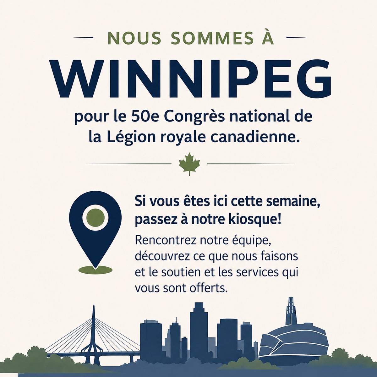 OmbudVeterans's tweet photo. Nous sommes au 50e Congrès national de la Légion royale canadienne à Winnipeg. Si vous êtes ici, arrêtez-vous à notre kiosque pour rencontrer l’équipe du BOV, apprendre ce que nous faisons et le soutien et les services qui vous sont offerts. https://t.co/uewoF5tQbF