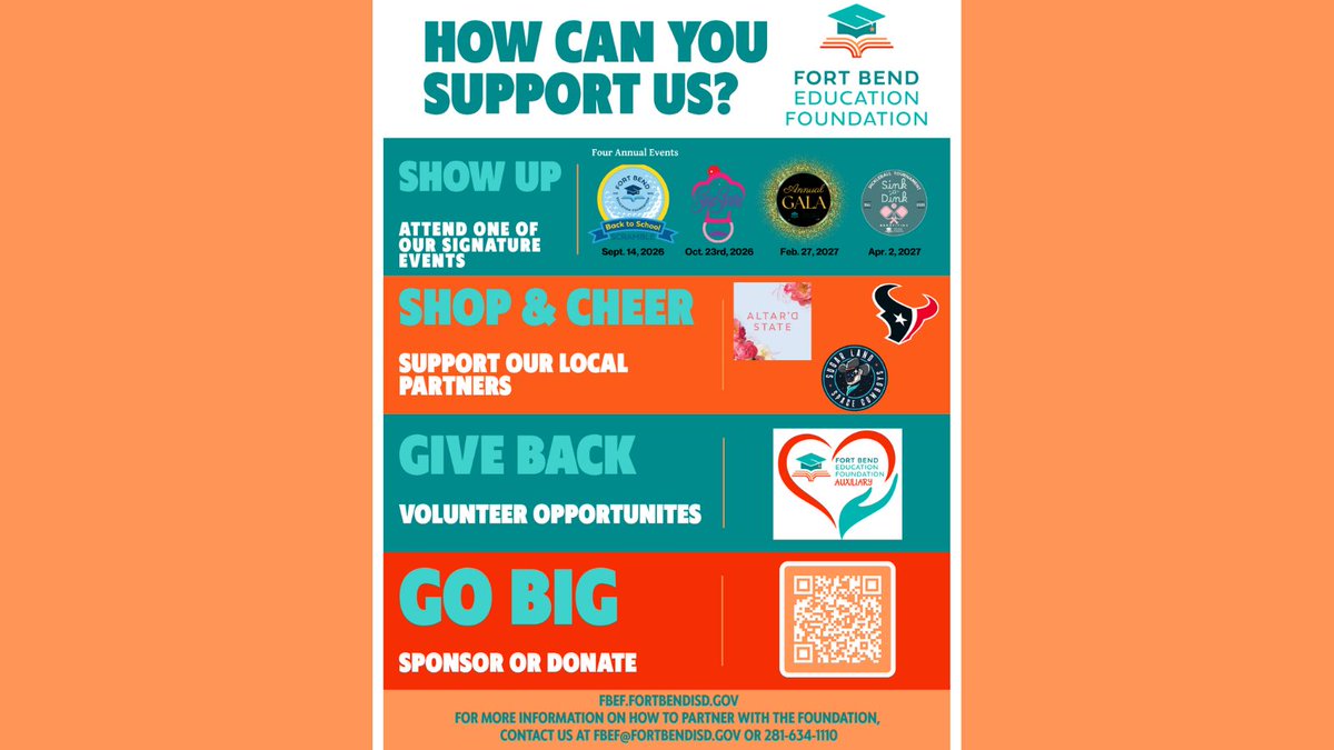 FBEF_FBISD's tweet photo. How Can You Support Our Mission? 💙
Attend. Volunteer. Partner. Give.
Every act of support helps the Fort Bend Education Foundation create opportunities for FBISD students and teachers.
🔗 https://t.co/q6fQ6YzPNX
#FBEF #Fortbendeducationfoundation #fbeffbisd https://t.co/m4zubblZ2H