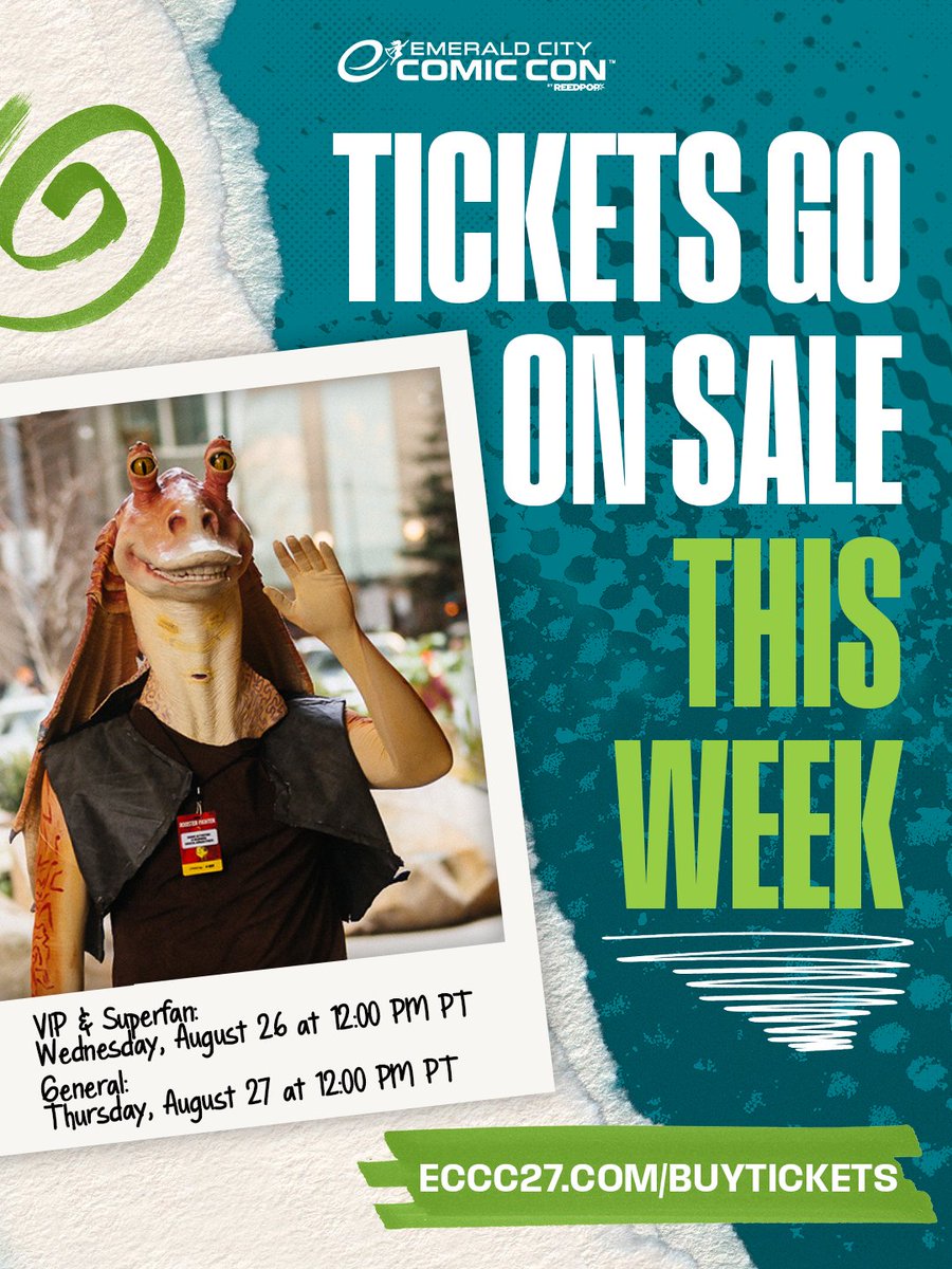 emeraldcitycon's tweet photo. This is your reminder: ECCC 2027 ticket sales begin this week!

💚 VIP & Superfan Presale opens: Wednesday, August 26 at 12:00 PM PT 
💚 General On Sale opens: Thursday, August 27 at 12:00 PM PT
🏨 Hotel Blocks Open for VIPs on Monday, August 31 
🏨 Hotel Blocks open for all fans on Wednesday, September 2

Start planning your weekend, and we'll see you in Seattle March 4-7, 2027!
Want access to the presale? Learn more about how to become a Popverse Superfan by clicking the link in bio!