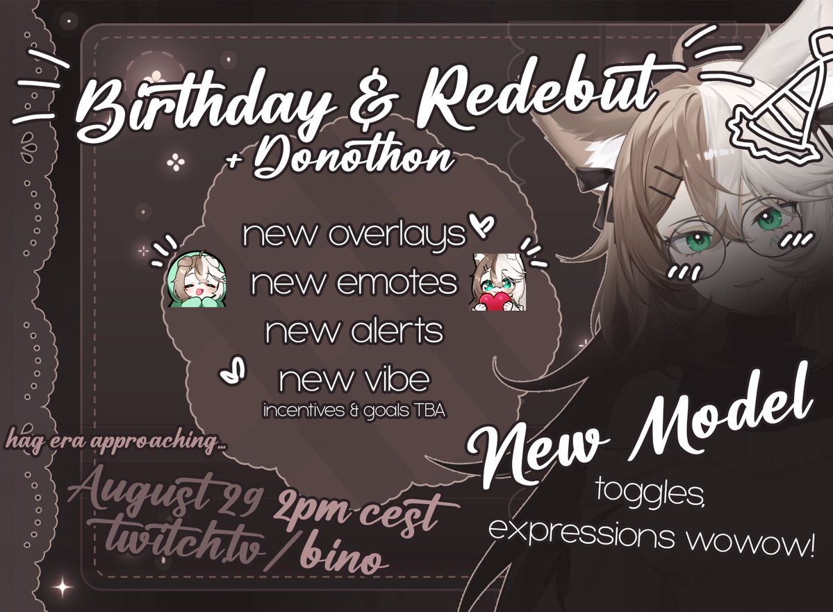 Binotweets's tweet photo. IT'S MY BIRTHDAY THIS WEEK☕️🪻
- We are doing EVERYTHING AT ONCE

Birthday stream, redebut AND donothon all in one!! 
- August 29 2pm CEST
BE THERE FOR A LIL TREAT ALSO ૮₍ ´ ꒳ `₎ა https://t.co/rUnfNT2Fhr