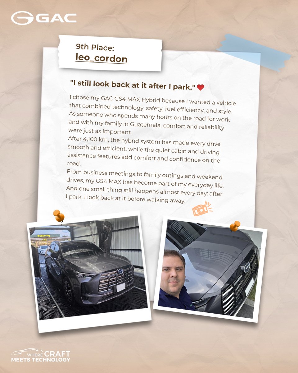 GAC_MOTOR's tweet photo. 30 million owners. 30 million journeys. Every journey has a story. 🌍❤️

From new beginnings and first impressions to everyday drives and journeys beyond the familiar, our owners have shared the stories that make their GAC experiences special.

Today, we’re excited to reveal the first #MyStoryWithGAC winners — Top 7–10:
🏆 7th Place · Gero Pérez Irungaray
🏆 8th Place · @ joseblanco23 
🏆 9th Place ·  leo_cordon 
🏆 10th Place · Adonis 

Congratulations to all our winners! We’ve sent you an email with the next steps, so please check your inbox and follow the instructions to claim your prize.
Thank you for sharing your memories, milestones, and journeys with us. More inspiring owner stories are coming soon. 🚗✨

Learn more: https://t.co/yRzuPTL4bG
#GAC #WhereCraftMeetsTechnology #TrustedBy30MillionPoweredByQuality