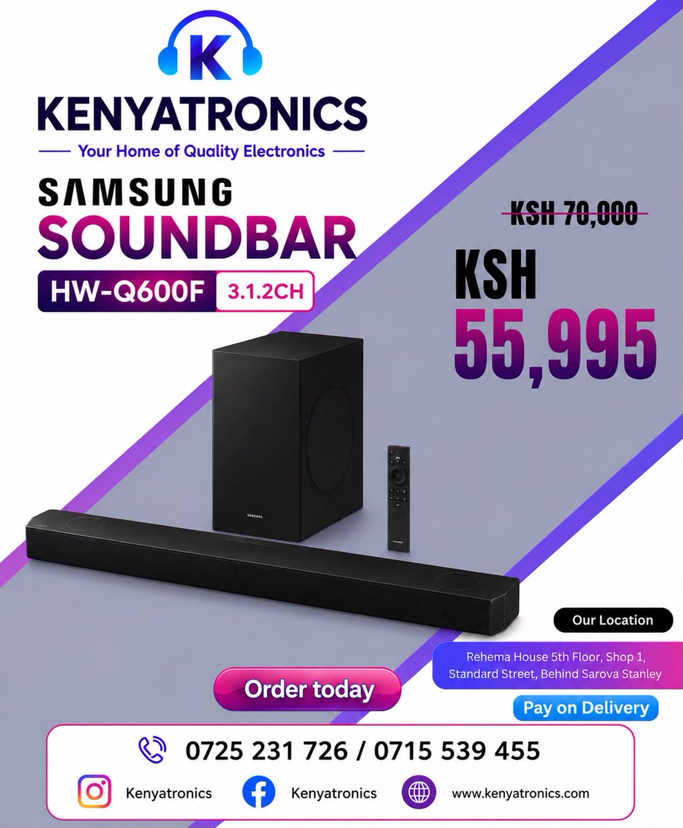 kenyatronics's tweet photo. Samsung Soundbar Deals Are Here! 🔥
 Competitive prices 
Rehema House, Standard Street, Nairobi https://t.co/ZE7MyjPhK7