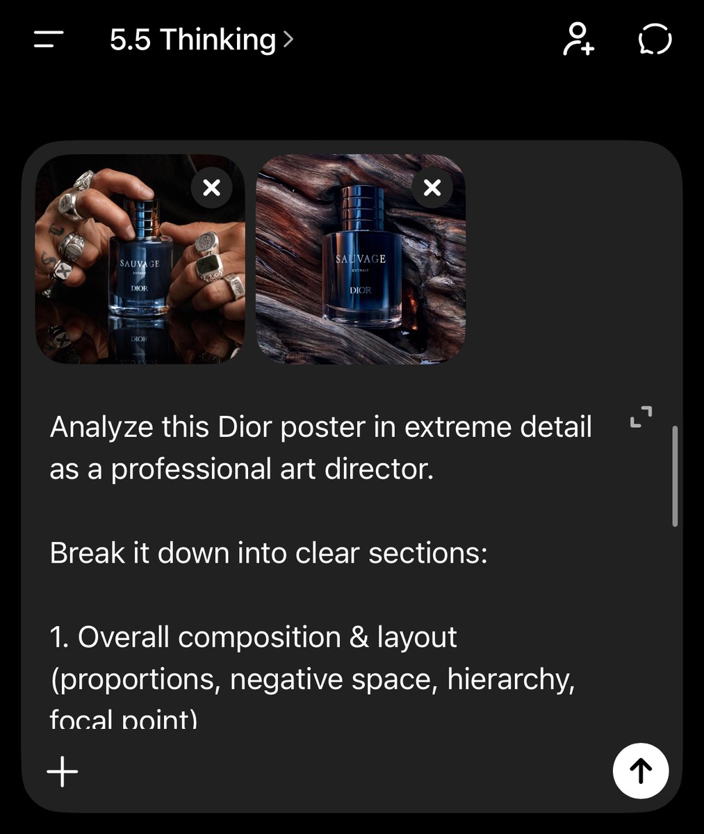 NoravaleAI's tweet photo. Prompt 1 – GPT (Reverse-engineer the real poster)

Analyze this Dior poster in extreme detail as a professional art director.

Break it down into clear sections:

1. Overall composition & layout (proportions, negative space, hierarchy, focal point)
2. Color palette (exact dominant colors, accents, saturation level, contrast)
3. Lighting style (direction, quality, softness, shadows)
4. Materials & textures (fabric, skin, background, product surfaces)
5. Typography (font style, size hierarchy, placement, tracking, mood)
6. Visual style & brand DNA (what makes it feel uniquely Dior)
7. Mood & emotional tone
8. Key rules I should follow to recreate this exact visual language

Be precise and structured. Output in a clean, usable format that I can directly feed into another AI for recreation.