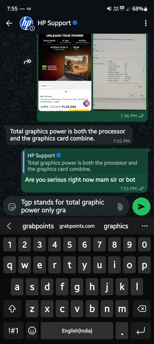 SWANAND_06's tweet photo. HP Support CAUGHT LYING about TGP definition.

HP claimed: "TGP = processor + GPU combined"
WRONG. TGP = Graphics Power ONLY (GPU)
They KNOW 150W listing was false (actual: 80W)
Now lying about specs to defend.
Both @Flipkart @HP exposed.
FIR + NCH incoming.
 #consumerfraud https://t.co/4ythieozlm