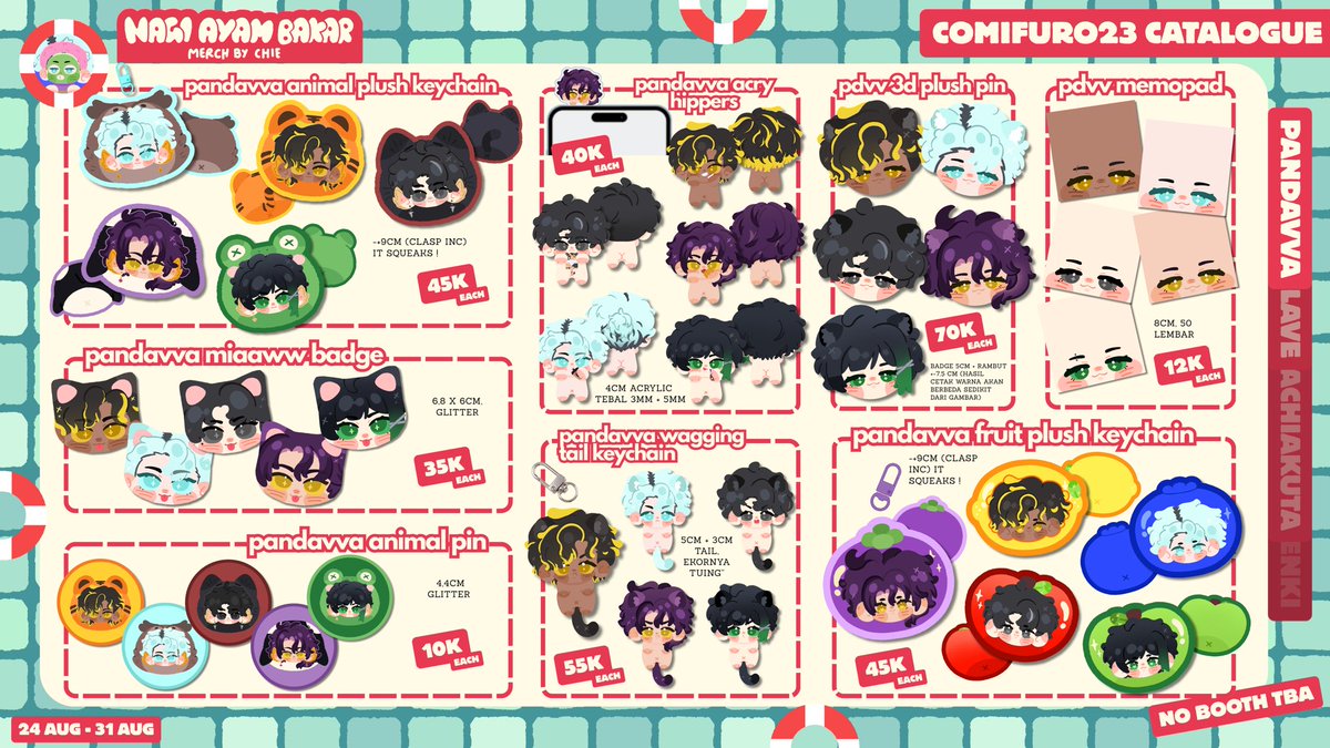 nagiayambakar's tweet photo. [ 🤍 &amp; 🔁 are appreciated! ]

🛟 chiee’s #CF23 PO &amp; GIVEAWAY now is Open! 🛟

🗓️ 24 - 31 August 
🌊 Pick Up (both days) &amp; Mail Order
☁️ Chronically Online Cool Kids 😎 (no TBA)
⭐️ PLAVE, PANDAVVA, Enki Qurosa, Gachiakuta

🔗 &amp; more info ↓

[ 1 / 2 ]

#CF23Catalogue #Comifuro23 https://t.co/GYnJgpQzHw