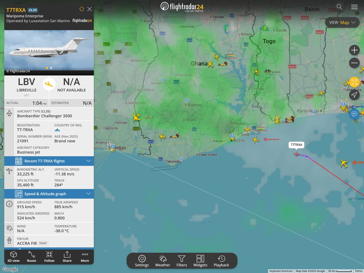 AvTrackGhana's tweet photo. Bombardier Challenger 3500 (T7-TRXA) bound for Accra (ACC) after returning from Libreville (LBV), following its earlier departure out of Abidjan (ABJ). 

 #GhanaAviation #ACC #DGAA https://t.co/529IrAapsj