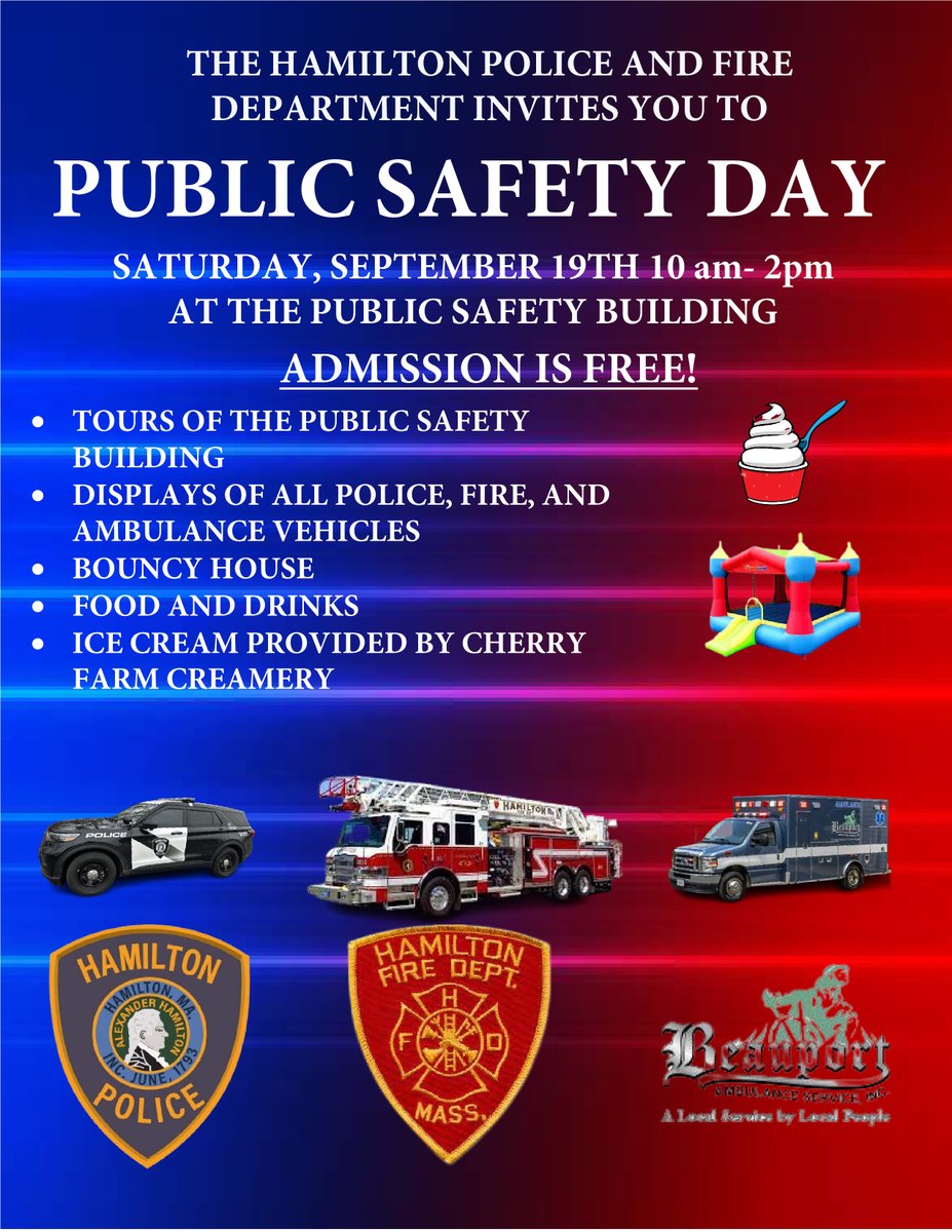 HamiltonMAPD's tweet photo. 🚨🚒 PUBLIC SAFETY DAY! 🚑👮‍♂️

Join the Hamilton Police &amp; Fire Departments on Saturday, Sept. 19th, from 10 AM–2 PM at the Public Safety Building!

🎉 FREE admission
🚓 Police, Fire &amp; Ambulance vehicles
🏠 Bouncy house
🍔 Food &amp; drinks
🍦 Ice cream from Cherry Farm Creamery https://t.co/kXvCAlwv9j