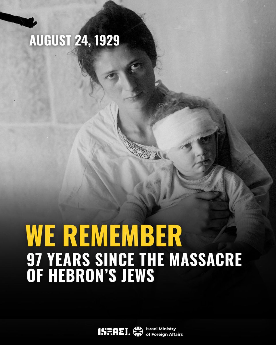 IsraelMFA's tweet photo. On this day: August 24, 1929

The Jewish community of Hebron was devastated by a rampage of killings, rape and destruction, initiated by their Muslim neighbors and incited by the Mufti Amin El-Husseini. 67 Jews were murdered, and the  millennia-old Jewish presence in King David's first capital was eradicated.

The Hebron Massacre is a reminder that violence against Jews in this land predates the establishment of the State of Israel.

Nearly a century later, that history carries a painful resonance as Israelis continue to be targeted by Palestinian terrorism.

📸: WZO/The Central Zionist Archives