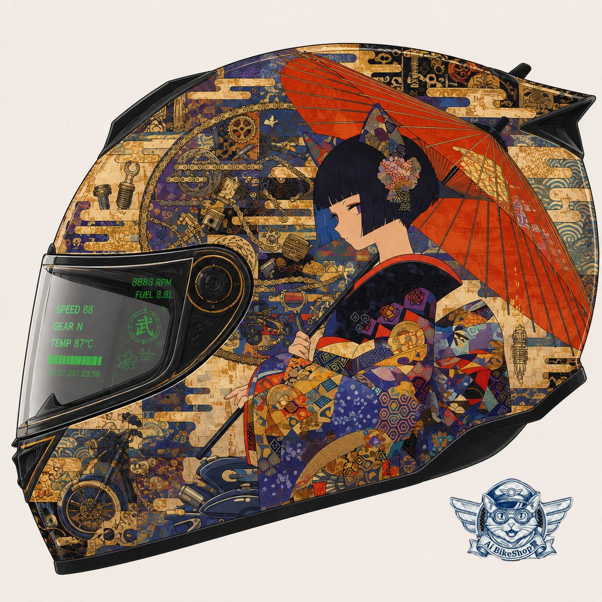 AIBikeShop's tweet photo. #AI_BikeShop
#OriginalWorld
#AIart　#和柄　#ヘルメット
#MotorcycleArt　
和 × Motorcycle Helmet 🇯🇵🏍️

少し新しい実験です。

これまで描いてきた
和柄 × バイクの機械部品を、
今度はヘルメットのデザインへ。

和傘、着物、金彩、和文様。
その中にチェーン、ギア、ピストン、バイク。

いわば――
「痛ヘルメット」の和柄版。 😸

そしてシールドには、薄く緑色の情報表示。

以前のカメレオンヘルメットの技術をシールドに思わせ、外装はまったく違う、日本的なデザインへ。

未来的だから、無機質である必要はない。

日本から生まれる未来のヘルメットを考えたアートです。😸🇯🇵