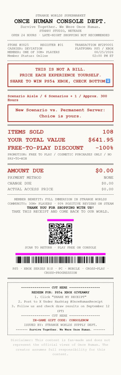 LigockiA's tweet photo. #OnceHumanReceipt Can I fast forward time to launch yet?? https://t.co/ex6lNmj5fQ