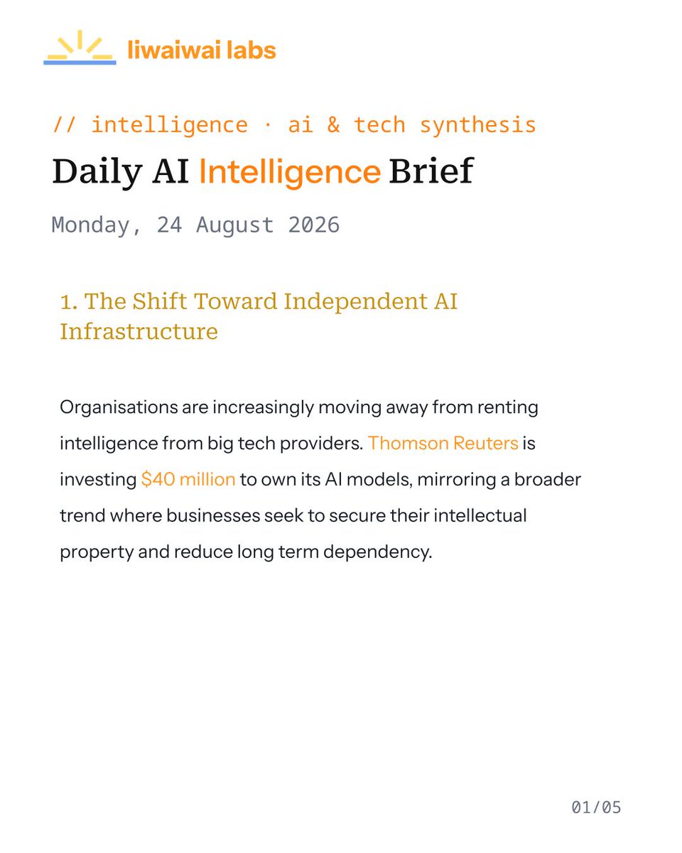 liwaiwaicom's tweet photo. Today’s #ArtificialIntelligence Brief.

The signals, developments, and stories worth paying attention to, distilled into one daily brief.
Read today’s brief at https://t.co/dKK2R7t8pw

#Liwaiwai #IntelligenceBrief #News #CurrentEvents #Tech #AI https://t.co/Cffff4uHix