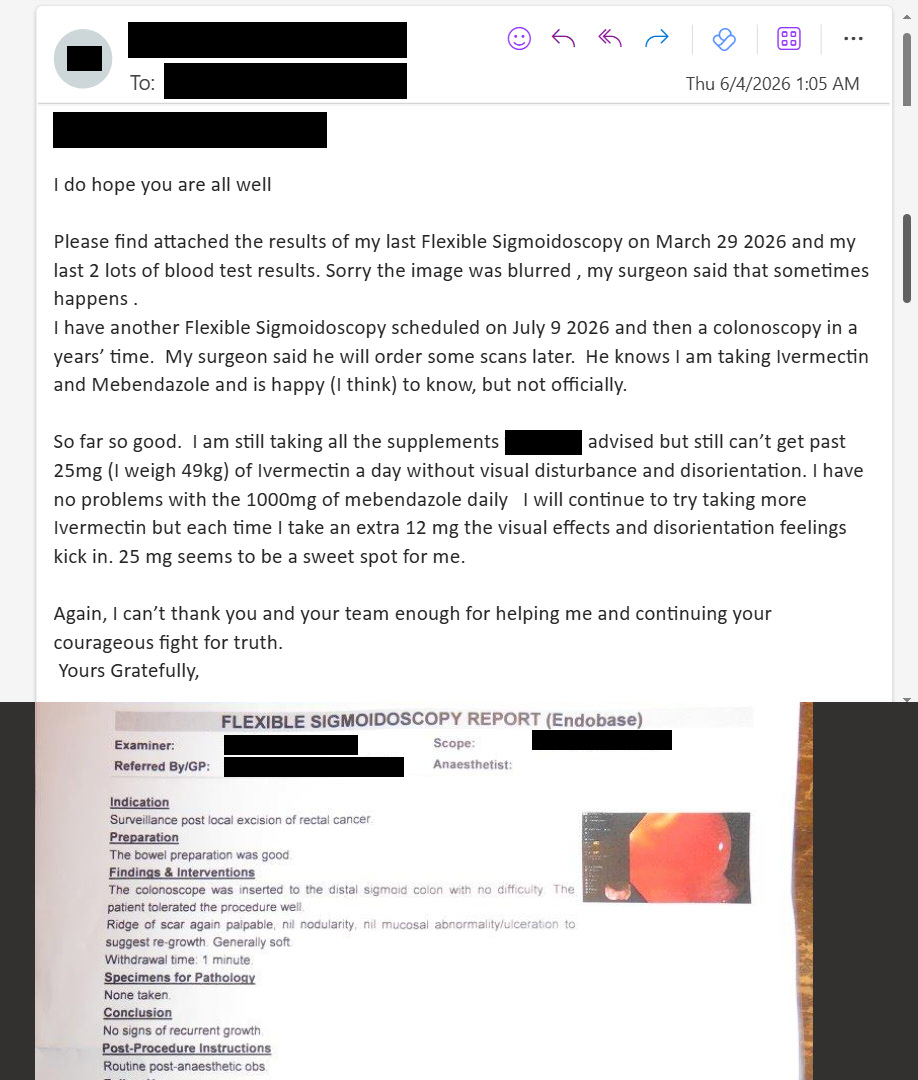 MakisMedicine's tweet photo. NEW ARTICLE: IVERMECTIN and MEBENDAZOLE Testimonial - 62 year old AUSTRALIA woman with Rectal Cancer reports after 8 months: Cancer Free!

The Ivermectin Cancer Revolution is sweeping communist Australia 🇦🇺 despite govt efforts to stop it!

STORY:
62 year old AUSTRALIA woman with Rectal Cancer (poorly differentiated adenoca)

“Surgery to remove as much of tumor as possible while maintaining a functional rectum” performed in Sep.2025

In October 2025 she started:

Ivermectin 25mg/day
Mebendazole 1000mg/day

Status at 8 months: Cancer Free!!

Cancer patients who embrace repurposed drugs into their mainstream Oncology regimens are doing far better than those who don't.

This is true across the world. As far away as Australia.

I have documented hundreds of Oncologists, Rad Oncs and Surgeons quietly acknowledging that their patients taking repurposed drugs do much, much better.

"My surgeon...he knows I am taking Ivermectin and Mebendazole and is happy (I think) to know, but not officially"

"Not officially" because the Cancer Drug Cartel is losing billions of dollars and is very upset, looking to punish any doctor who might help these cancer patients.

I would like to thank the pedophile mafia that runs Alberta Health Services and College of Physicians and Surgeons of Alberta. 😂

Without their efforts to destroy my Alberta medical license and my medical career, I would not have been able to help over 9000 Cancer patients with Ivermectin, Mebendazole and Fenbendazole, bringing the Ivermectin Cancer Revolution to all corners of the globe! 😃

As it stands, hundreds of thousands of Cancer patients are now benefiting and many are going from Stage 4 to Cancer Free. 🙏

Thank you AHS and CPSA! 😉

God certainly works in mysterious ways! ☦️
