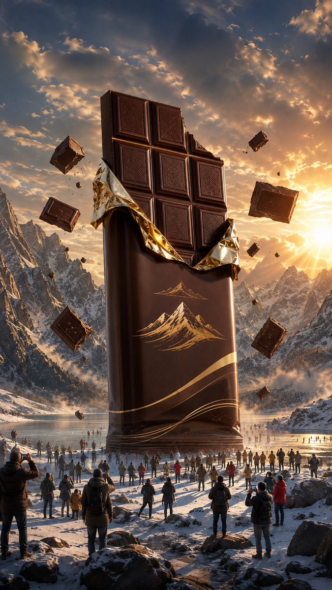 Urwa_345's tweet photo. Made with Gpt image 2 on ChatGPT 

Prompt:
Prompt:
Ultra-realistic cinematic chocolate advertisement featuring a gigantic premium chocolate bar standing vertically in the middle of a beautiful snowy mountain valley. The chocolate bar is dramatically oversized, towering above the surrounding landscape. Rich glossy chocolate texture with realistic details and elegant premium packaging. Hundreds of tiny people stand nearby taking photographs while snow-covered mountains rise dramatically in the background. Pieces of chocolate appear to float around the giant product as if gravity has stopped. Warm golden sunlight breaks through the clouds, creating a magical luxurious glow. Cinematic atmosphere, realistic snow reflections, highly detailed textures, photorealistic product photography, premium food advertising aesthetic, 8K, sharp focus, vertical 9:16 composition, realistic proportions, no distortion, no watermark, no extra text