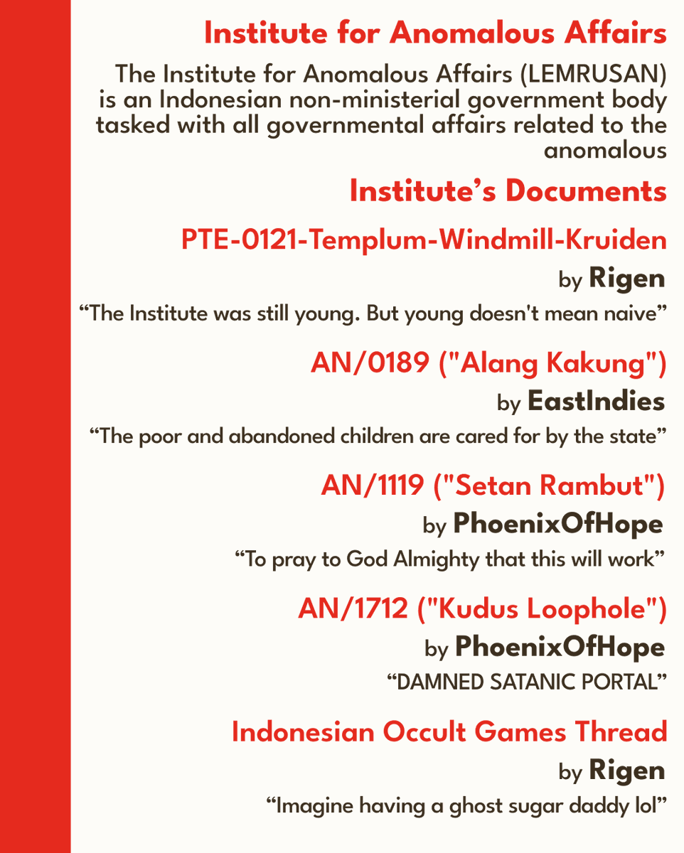 scpwiki's tweet photo. The Institute for Anomalous Affairs (LEMRUSAN) deals with the anomalous across the Indonesian archipelago. Anything for national stability.

By the "Indonesians," team. Link to our very Indonesian articles: https://t.co/NIYqQB34vb https://t.co/4BrOCzfhJQ