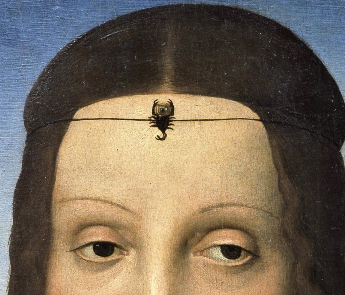 alliharvard's tweet photo. i love her little scorpion charm. portrait of elisabetta gonzaga (detail), raffaello sanzio, c. 1503 https://t.co/Wa9a5r3Bkh