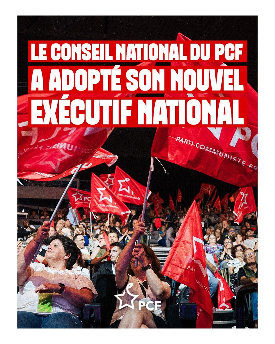 PCF's tweet photo. 🤝 Une nouvelle équipe pour une nouvelle étape.

À 89 %, le Conseil national du PCF a adopté le nouvel exécutif national proposé par Fabien Roussel.

🚩 Une direction renouvelée, paritaire, ancrée dans les territoires, avec 12 nouveaux membres et une moyenne d’âge rajeunie.

Une nouvelle équipe pour mettre en œuvre les décisions du 40e Congrès et engager une nouvelle étape du développement du PCF.