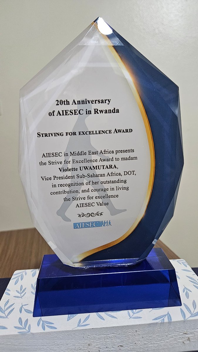 vuwamuta's tweet photo. Honoured to receive the Strive for Excellence Award from @AIESECRWANDA  . 

Grateful for the recognition &amp; for every opportunity to advance youth empowerment, leadership &amp; inclusion.
Thank you for continuing to believe in the power of young people. #YouthLeadership  #DOTYouth https://t.co/O01QqS2nl1