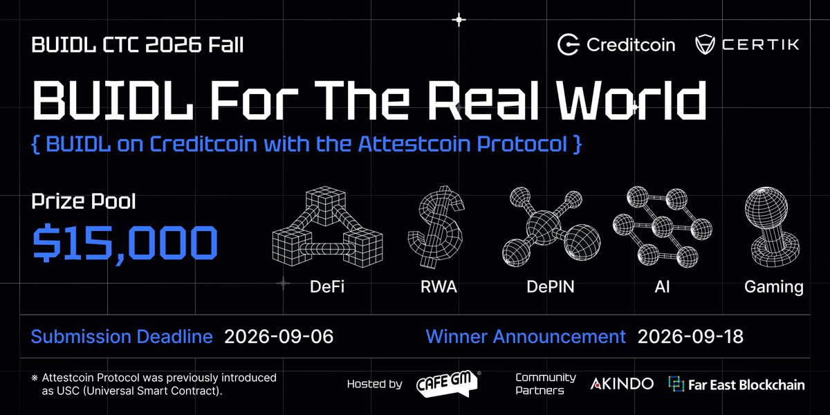 Creditcoin's tweet photo. Solid submissions so far for the BUIDL CTC Fall season!

Welcoming our newest partners:

@akindo_io is working on transforming hackathons into long-term buildathons

@feb_crypto helps global projects penetrate local markets effectively

Get your submissions in! https://t.co/77mUlY39k7