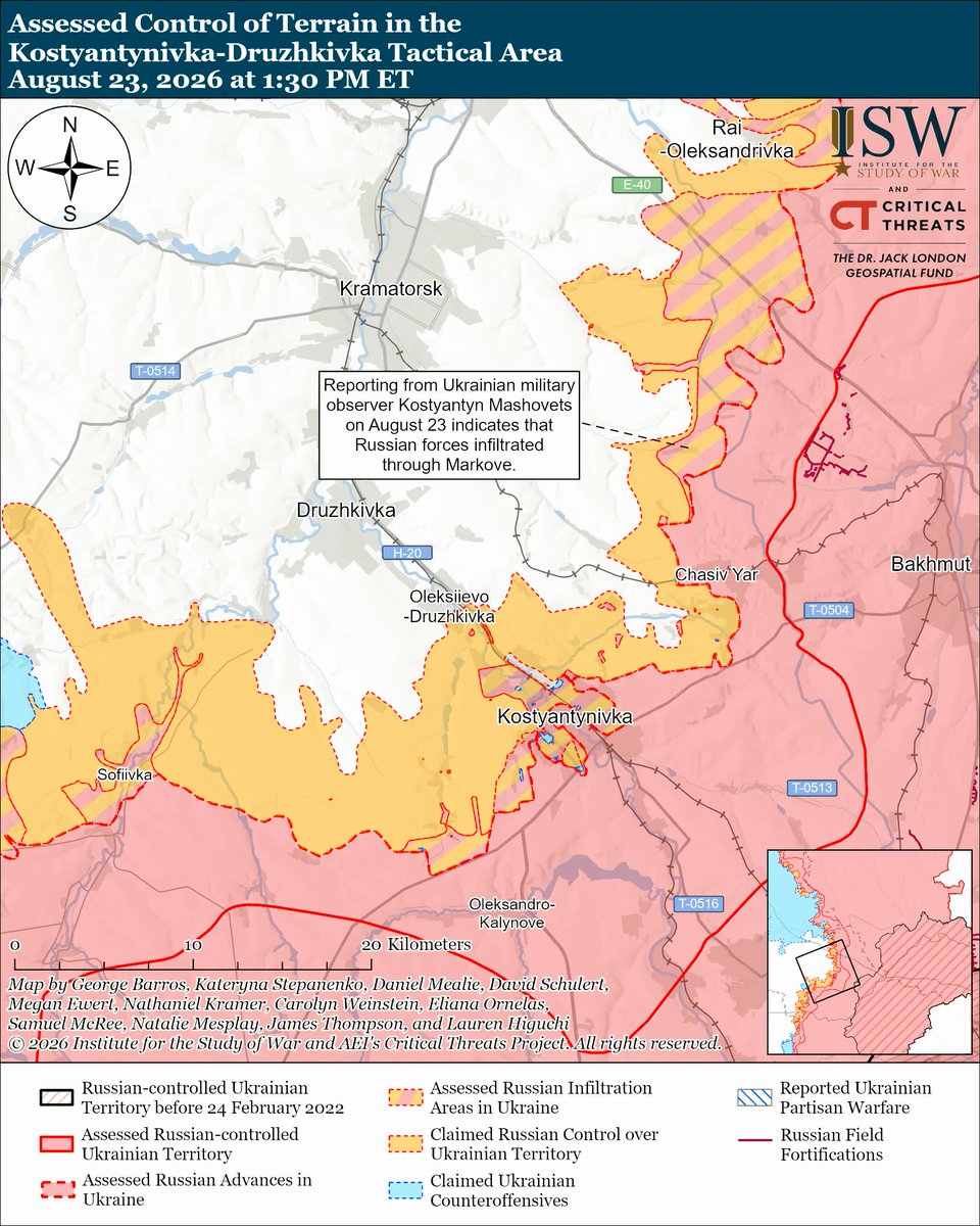 TheStudyofWar's tweet photo. MORE: Putin continues to set unrealistic deadlines for the Russian military to seize the entirety of Donetsk Oblast, likely in part because of his misunderstanding of the battlefield realities. Ukrainian President Volodymyr Zelensky stated on August 23 that Putin most recently ordered the Russian military to complete the seizure of Donetsk Oblast by December 31, 2026 and noted that Putin’s main operational objectives in Ukraine remain the seizure of Kostyantynivka, Slovyansk, and Kramatorsk cities in Donetsk Oblast — all part of Ukraine’s heavily fortified Fortress Belt defense line.

Zelensky stated that Russian forces have suffered around 267,000 personnel casualties, including about 155,000 killed, along the entire frontline since the beginning of 2026 and that roughly 70 to 80 percent of all Russian losses occur in the Kostyantynivka direction. Zelensky added that the Kremlin is preparing to mobilize around 300,000 servicemembers following the September 18-20 State Duma elections in part to reinforce Russian positions in Donetsk and Luhansk oblasts.

Putin has given Russian forces 15 separate deadlines since 2022 to seize the entirety of Donetsk Oblast, and Russian forces have failed to meet any of them.[10] Russian forces control roughly 21,170 square kilometers (or roughly 79.89 percent) of Donetsk Oblast and roughly 26,624 square kilometers (or roughly 99.77 percent) of Luhansk Oblast, according to the evidence that ISW has observed.

ISW continues to assess that the Kremlin’s deadlines for its military objectives remain divorced from the reality of Russian forces’ battlefield performance and that Russian forces are highly unlikely to seize Donbas by the end of 2026, if at all.