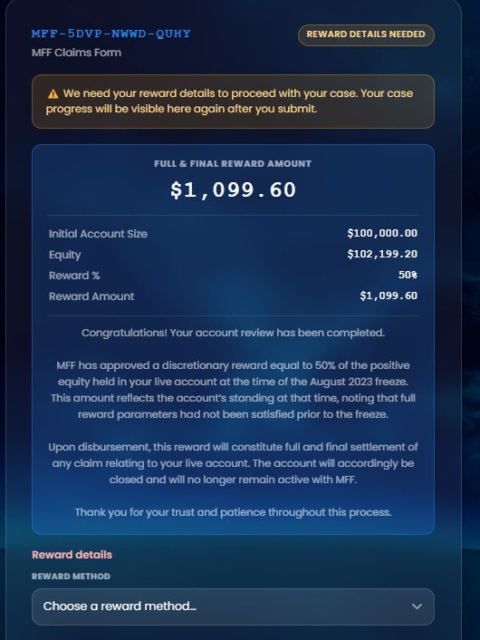 Akinswaggs's tweet photo. After 3 years, a 50% final reward received from @MyForexFunds and a termination of my VIP Live account. https://t.co/ciSs9R7EoB
