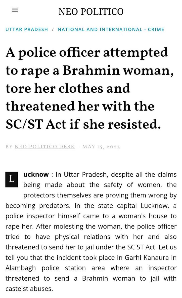 bodhi3attva's tweet photo. A police officer attempted to gRape a Brahmin women.
Tore her clothes and threatened her with fake SC/ST Act if she resisted.

> Implement 80% Reservation.
> Let the subalterns join Gov. Job at negative marks.
> Strengthen SC/ST act.
> Legalise the gRape and crime against GC/OBC.

SC/ST Act = Legalise gRape of GC/OBC Act #StopMisuseOfSCSTAct