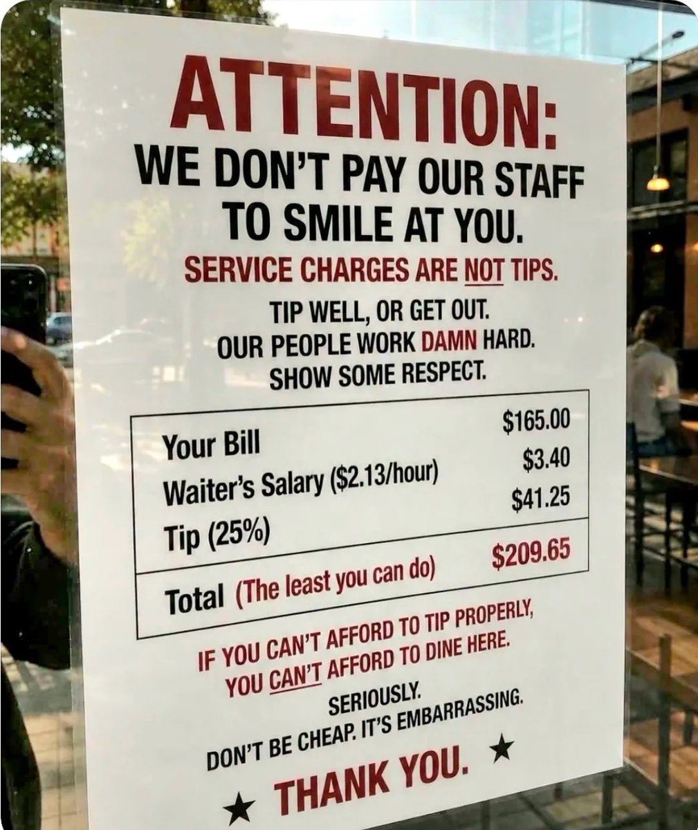 Ximena_Noir's tweet photo. Tipping culture in the US is fucking WILD. 🤦🏾‍♀️ 

The audacity to put this in your restaurant window is INSANE. 

If you can’t afford to pay your staff, you can’t afford to run a business. https://t.co/mRH1c4sVvs