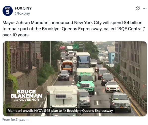 NassauExec's tweet photo. $4 billion and 10 years just to patch 1.5 miles of the BQE? Kathy Hochul has failed!

This is why New Yorkers are fleeing our state.

Under Kathy Hochul, government waste is completely out of control, and taxpayers are left holding the bill. When I’m Governor, I will cut wasteful spending, lower your taxes, and bring accountability back to New York State.