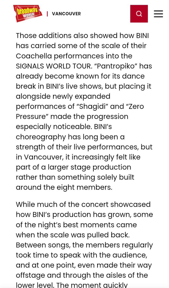 aomsdbr's tweet photo. “BINI looked increasingly comfortable commanding a larger production without creating distance between themselves and the fans who have supported them along the way.”

READ: BroadwayWorld’s Review of #BINI’s SIGNALS Show in Vancouver
🔗https://t.co/F8S8aimUKA

#BINI_SIGNALS_TOUR https://t.co/sDl5CFfuAu