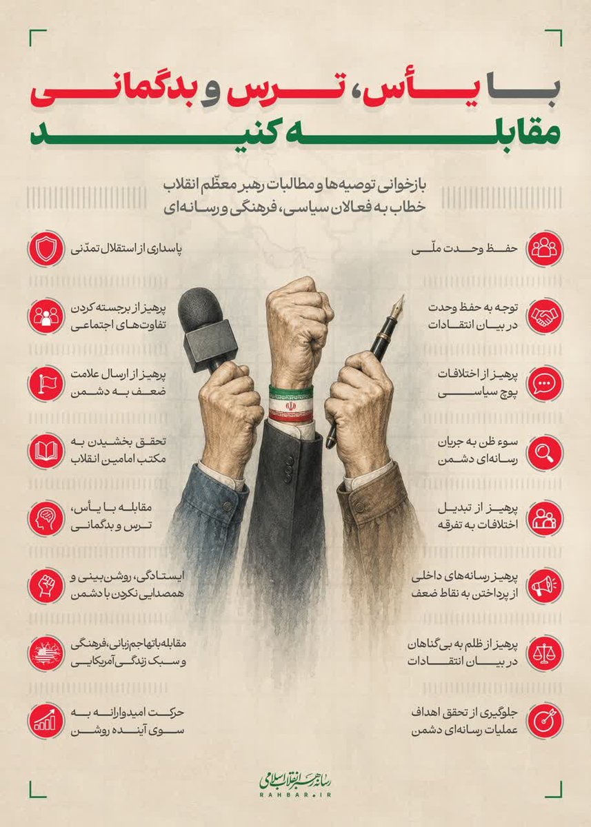 nargespour2000's tweet photo. 🔸 انتشار معنادار پیام رهبر انقلاب همزمان با اظهارات ناامیدانه برخی دولتمردان و مسئولین: با یأس، ترس و بدگمانی مقابله کنید

🔸بازخوانی توصیه‌ها و مطالبات رهبر معظم انقلاب خطاب به فعالان سیاسی، فرهنگی و رسانه‌ای https://t.co/caSDvSuAaq