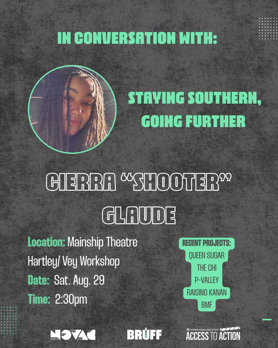 NOVACvideo's tweet photo. How do you stay rooted while building a career that takes you around the country? Find out on Sat. 08.29 at 2:30pm at BRUFF for "In Conversation with Cierra “Shooter” Glaude: Staying Southern, Going Further." Tix and more info here: https://t.co/cTkvdBfVxB #BRUFF #NOVAC https://t.co/fI7gEI2mKi
