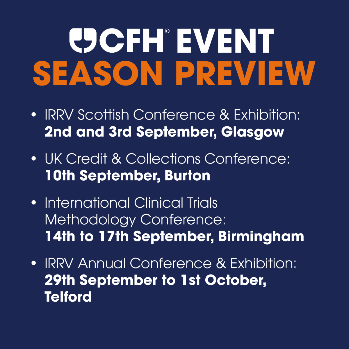 CFH_Docmail's tweet photo. The autumn event season is fast approaching - and we’re gearing up for a busy few months on the road! 📢

Our teams will be out across the UK, meeting the sectors we support every single day and showcasing the latest innovations in hybrid mail, managed communications and much more ✨

Let’s talk smarter, faster, more secure communications - see you there! ⭐

#CFH #Events #HybridMail