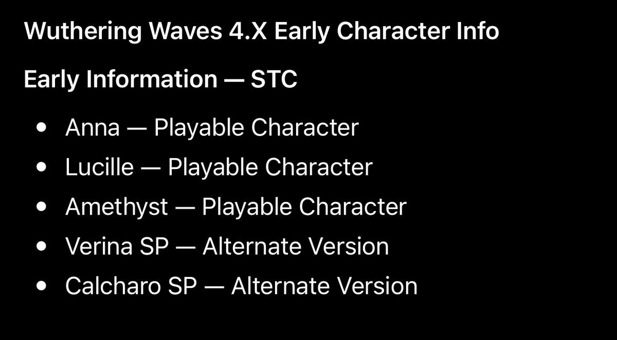 LegionGachaYT's tweet photo. 🚨 WUTHERING WAVES 4.X CHARACTER LEAKS! 👀

◥◣ ◥◣ ◥◣ ◥◣ 

5 future playable characters mentioned!

✅ Anna
✅ Lucille
✅ Amethyst
✅ Verina SP
✅ Calcharo SP

And this is on top of the already revealed Hsin, Suoming 👀

#wutheringwaves #wuwa https://t.co/YgQ5ski0gh