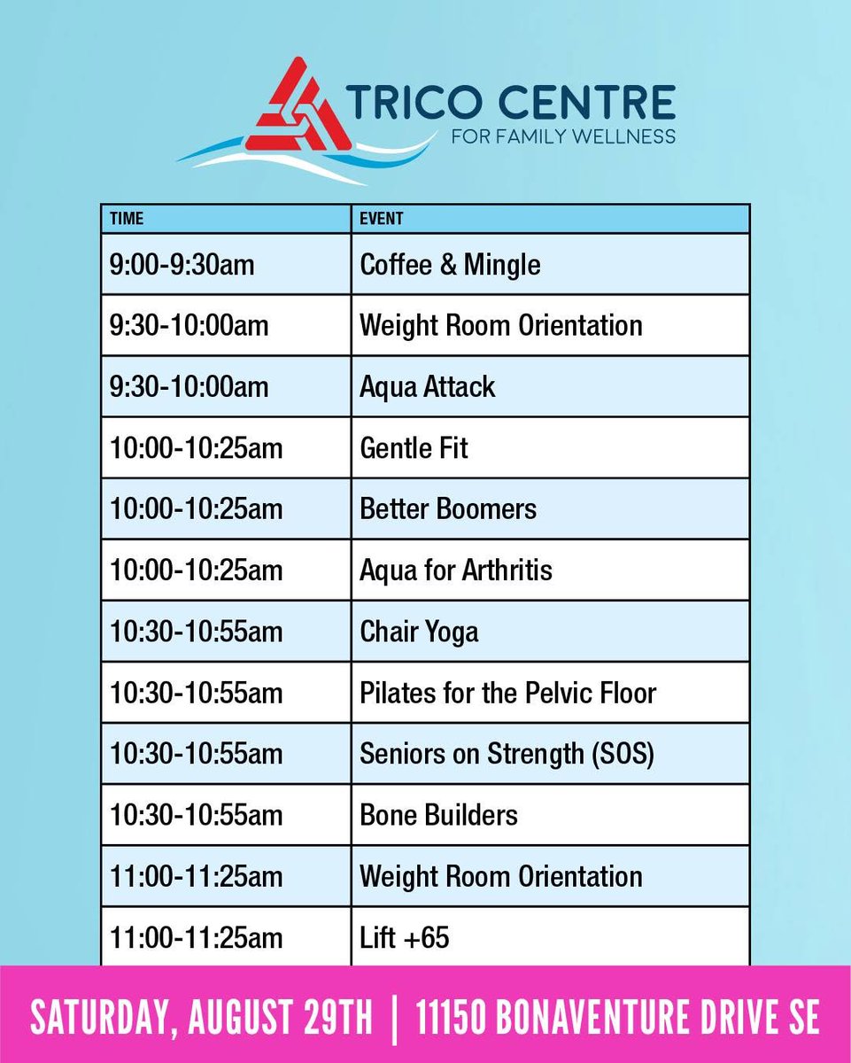TricoCentre's tweet photo. Looking for a fun morning to move, mingle and try something new? Join us for Seniors Day!
Sat, Aug 29 |9–11:30 AM
$5 at check-in, no registration required! Free for Trico Centre members and FLC Seniors Club members. Stay for the demos of some of our most popular senior classes. https://t.co/XJ2ZNmCgmd