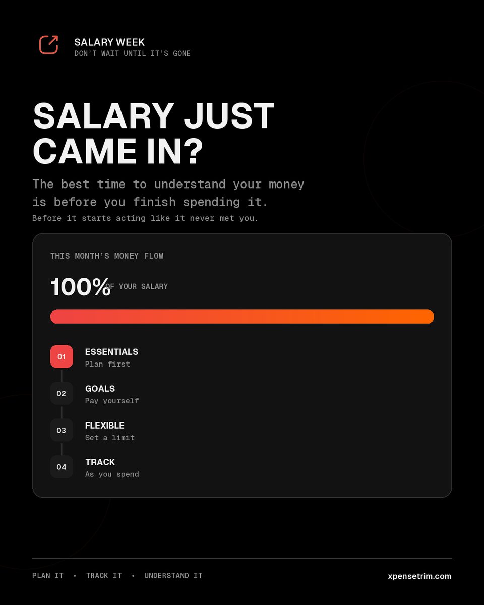 xpensetrim's tweet photo. Salary just came in?

Before it starts acting like it never met you:

1. Plan essentials
2. Set aside money for goals
3. Limit flexible spending
4. Track as you spend

Do not wait until it is gone to ask where it went.

#SalaryWeek #Xpensetrim https://t.co/6DT5l1vLWT