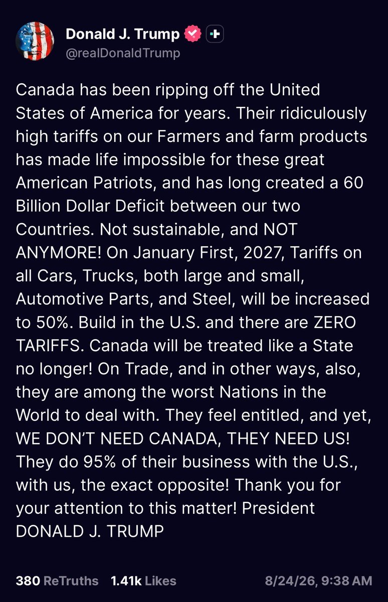 BonkDaCarnivore's tweet photo. Fact check:  Canada has not been ripping us off for years, we've consistently had the better end of the deal with them thanks to them selling us crude at a big discount.  Also, tariffs on agricultural products are quota based and rarely come into play + only exist to prevent Canadian farmers from going bankrupt.

Who HAS been screwing over the farmers and making "life impossible for these great American patriots", is Trump, whose tariffs have massively increased the cost of fertilizer (and whose war has caused a big shortage of product to where a lot of our fields are bare this year) and has consistently sought to import products from other nations to the detriment of said farmers/ranchers as he tries to come up with ways to keep costs from spiraling as a result of his disastrous policy decisions.

So there's that.