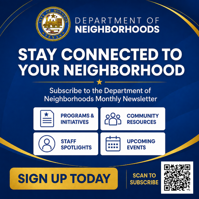 NeighborHOU's tweet photo. The Department of Neighborhoods Monthly Newsletter is back! Subscribe for updates on City programs, community resources, staff highlights, and upcoming events.

Click the link or scan the QR code to sign up:
 https://t.co/nwXU93d0c0 https://t.co/1mCwEUgqyD