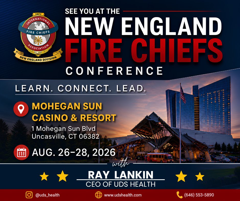 UDSHealth's tweet photo. Only 2 days until the New England Fire Chiefs Conference & Expo!
Ray Lankin, CEO of UDS Health, is looking forward to connecting with fire service leaders during three days of education, networking, and leadership development.
See you at Mohegan Sun!
#NEAFC #FireService https://t.co/6rfxMzmkQy