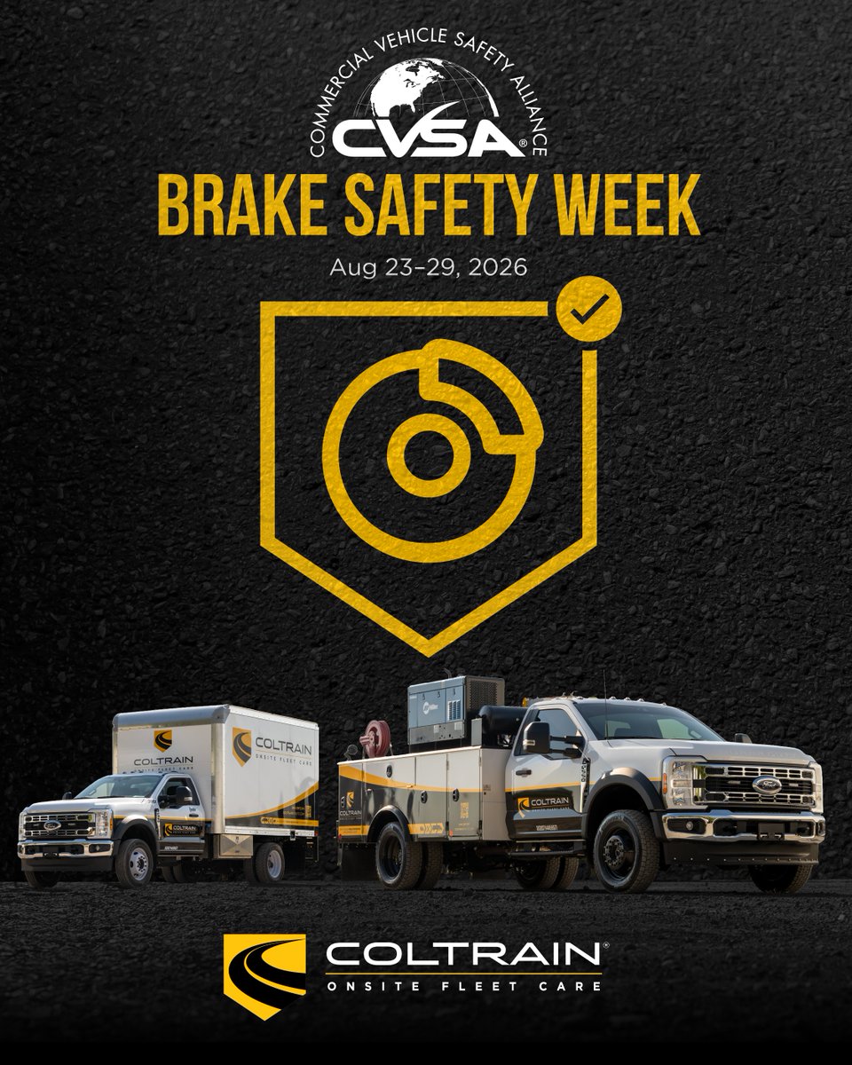 ColtrainOnsite's tweet photo. @CVSA Brake Safety Week runs Aug 23-29. Coltrain techs are out inspecting brake systems on client fleets all week, checking pad wear, drum condition, air system function, and stroke adjustment before it becomes a roadside violation ⚫🟡

#BrakeSafetyWeek #CVSA #DefendTheRoad https://t.co/fU13ZPsWzS