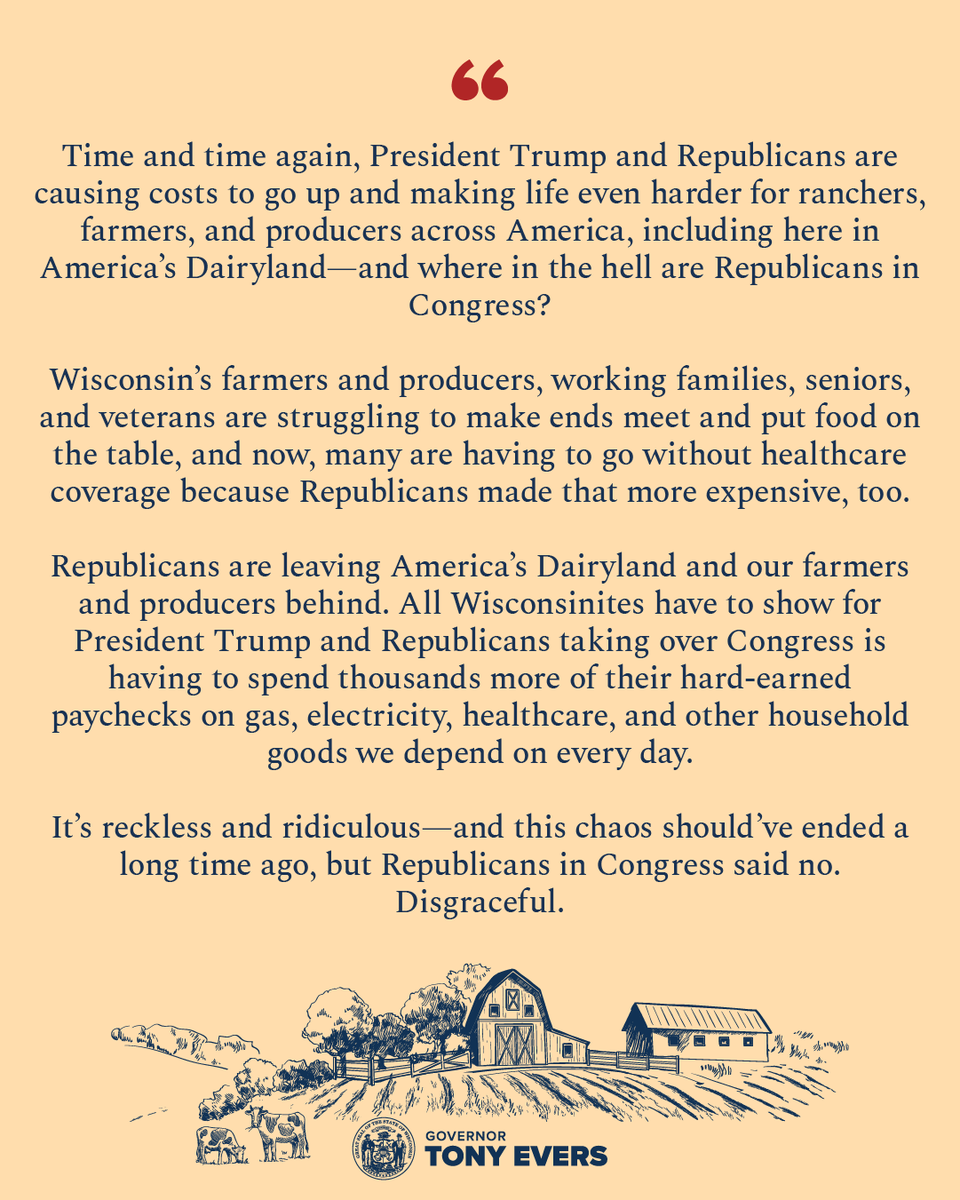 GovEvers's tweet photo. Trump's reckless tariffs and trade wars are leaving Wisconsin’s farmers and producers in the lurch. Trump just sparked a trade war with Canada, Wisconsin’s largest export partner—and where in the hell are our Republican members of Congress?

Disgraceful. My statement ⬇️ https://t.co/pFT6cdQqAa