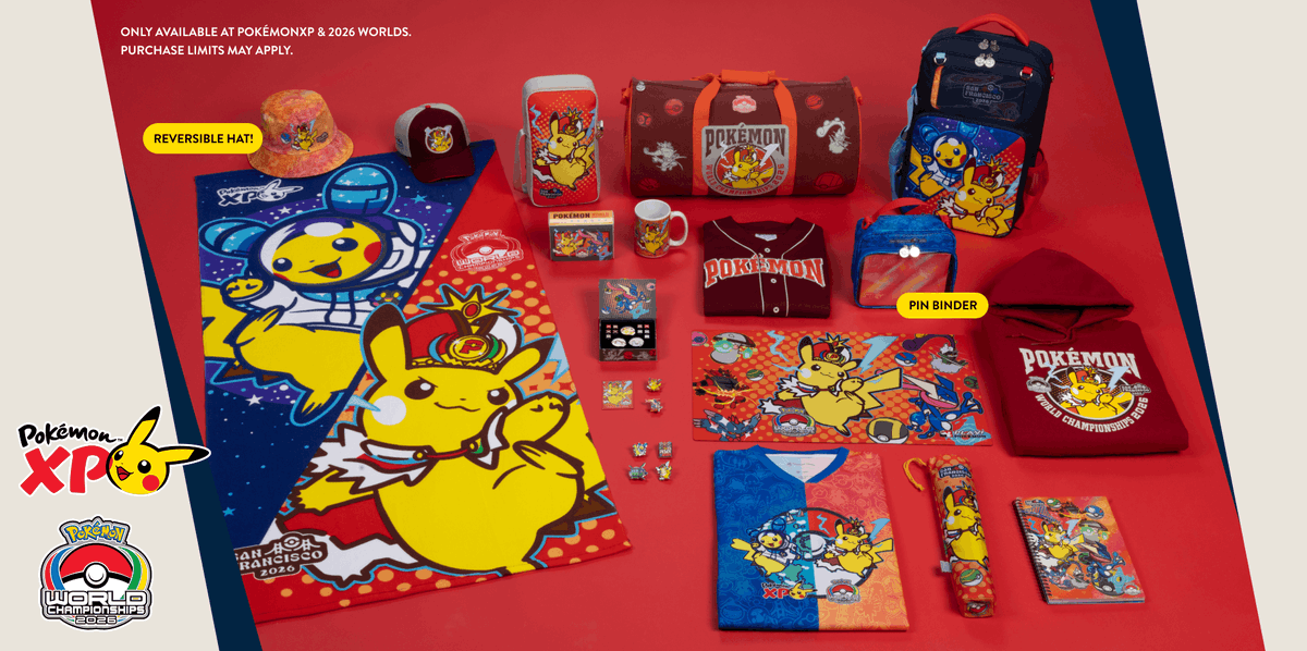 PokemonDealsTCG's tweet photo. Pokémon Worlds 2026 &amp; XP Merch Officially Revealed!💫

Available at the Pokémon Center Popup Store in San Francisco, August 26th - 30th

#Pokemon #PokemonTCG #PokemonWorlds https://t.co/AHCHWMVL4x