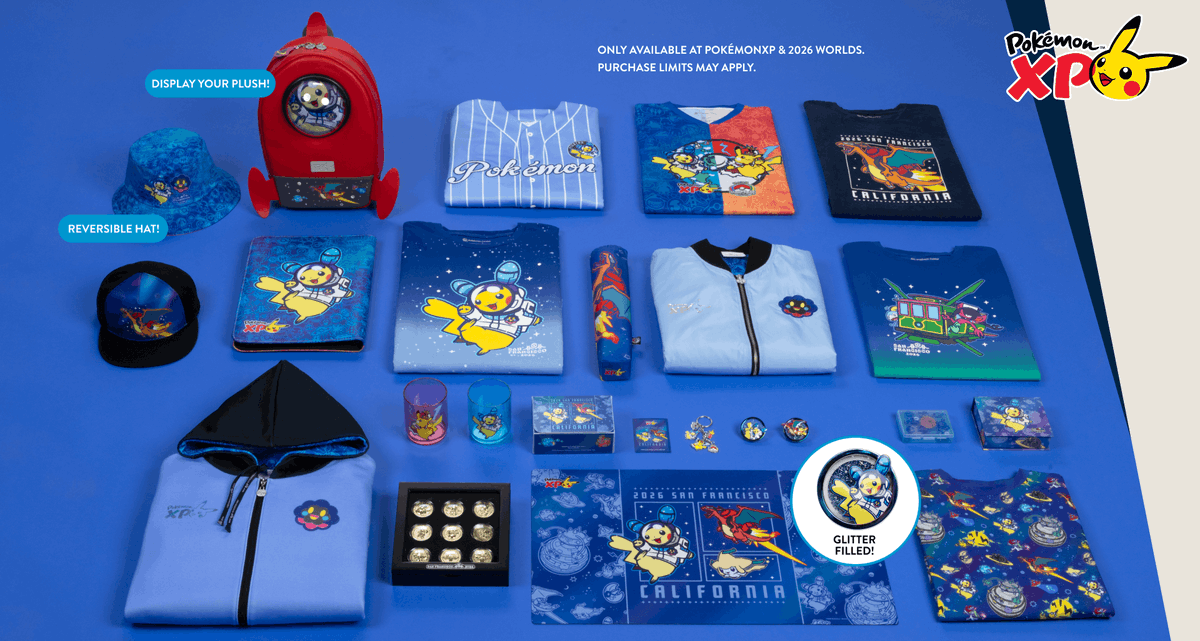 PokemonDealsTCG's tweet photo. Pokémon Worlds 2026 &amp; XP Merch Officially Revealed!💫

Available at the Pokémon Center Popup Store in San Francisco, August 26th - 30th

#Pokemon #PokemonTCG #PokemonWorlds https://t.co/AHCHWMVL4x