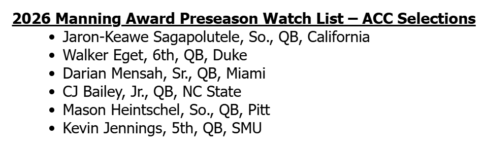 ConorONeill_DI's tweet photo. Duke's Walker Eget is one of six ACC QBs on the Manning Award preseason watch list; one of 40 in the country.

Because it's bound to come up: Duke's QB competition between he and Dan Mahan is still ongoing.

But at least we know who the Manning Award people think will win. https://t.co/un2ZvrSaN6